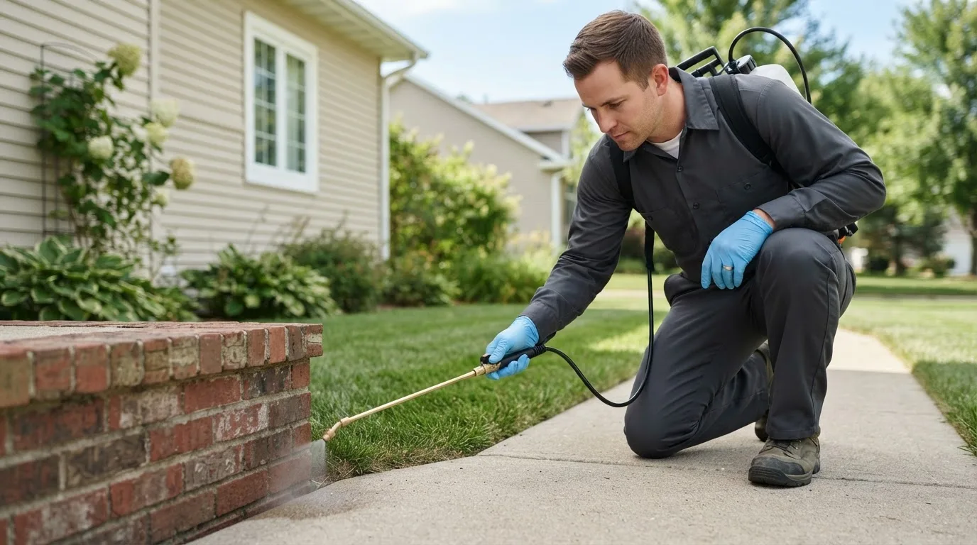 Pest control technician treating a home near South Londonderry, VT